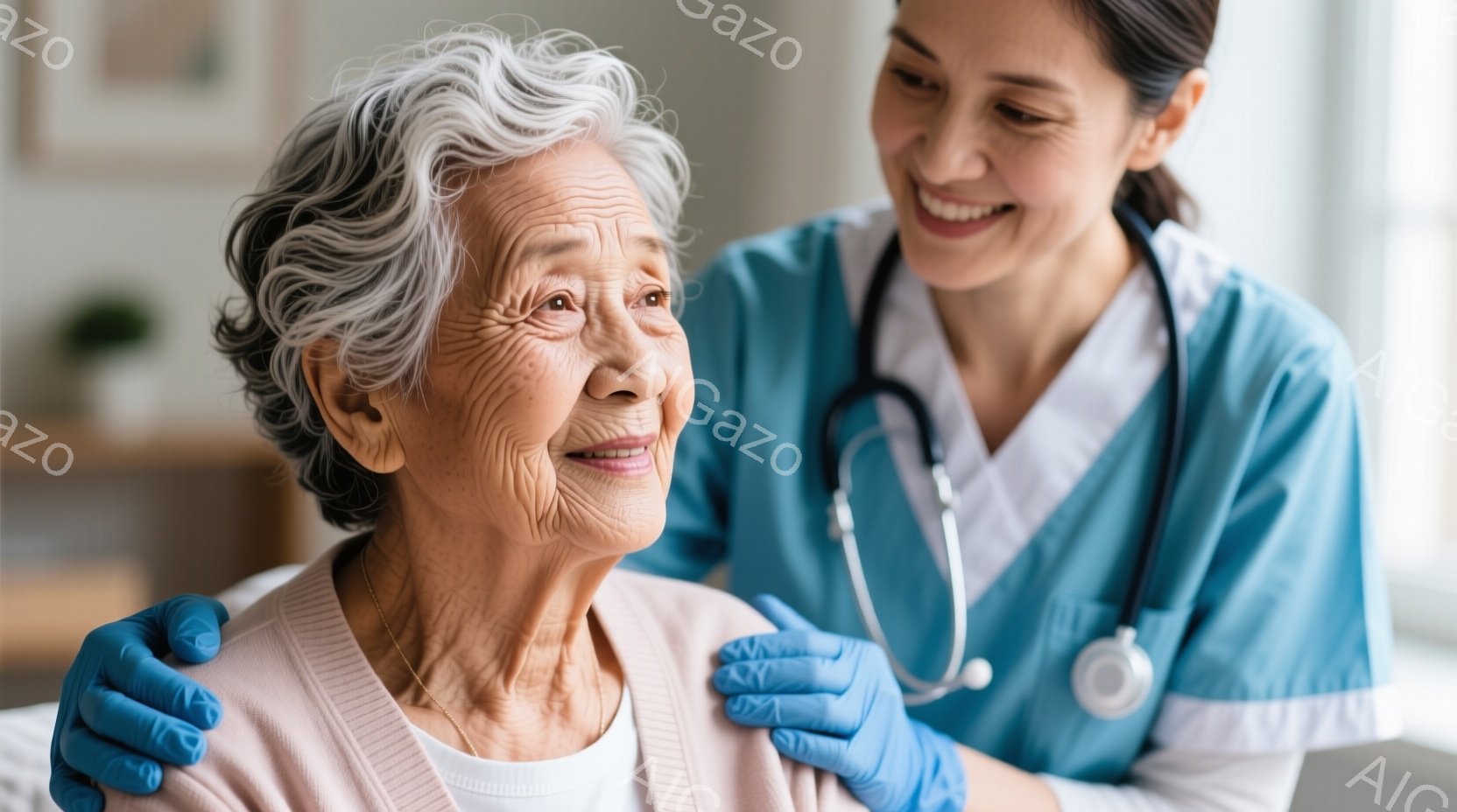 白髪の高齢女性が、優しい微笑みを浮かべて正面を見つめています。ピンク色のセーターを着ており、皺が刻まれた顔には穏やかな表情が広がっています。背景には医療従事者の女性が青い制服を着て寄り添い、医療用聴診器を首にかけており、温かい雰囲気が漂っています。