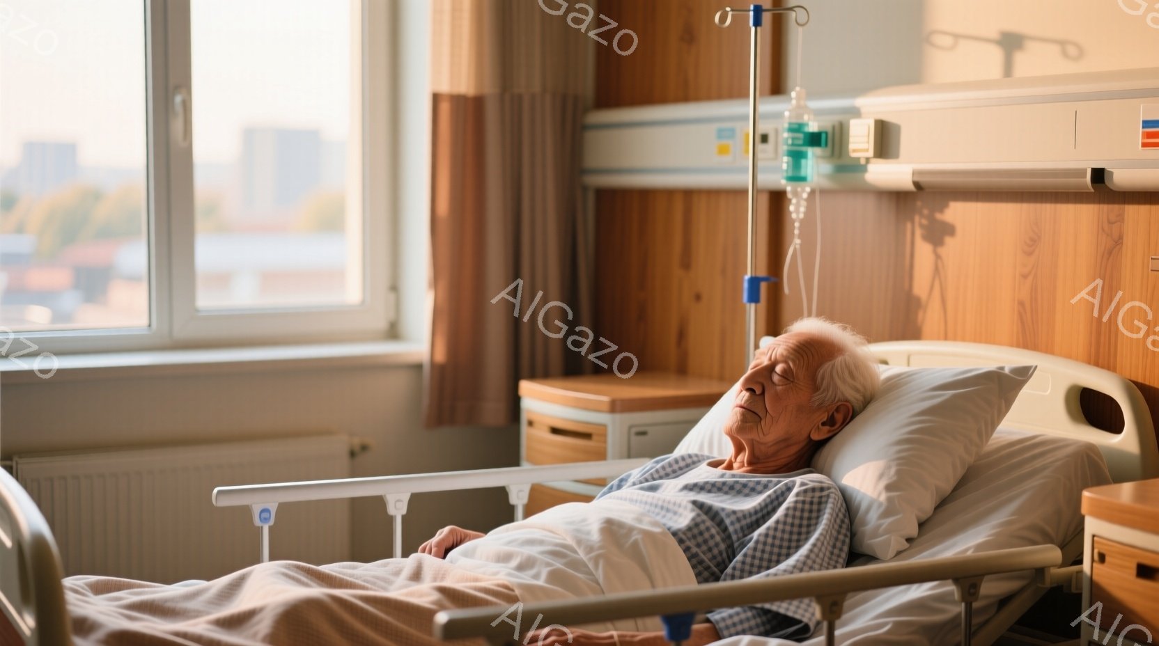 高齢の男性が病院のベッドに横たわっており、青い縞模様のガウンを着用しています。彼は目を閉じ、穏やかな表情で横向きに寝ています。ベッドの近くにはナイトスタンドがあり、窓の外には建物が見え、全体的に静かで穏やかな雰囲気が漂っています。