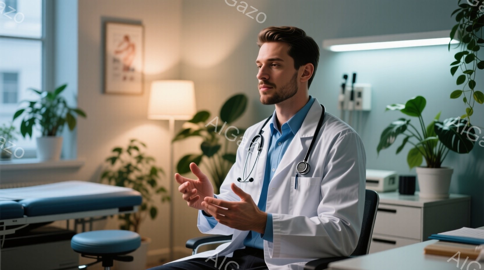 白衣を着た男性医師が椅子に座り、両手を広げて何かを説明している様子がうかがえる。彼は短髪で整髪されており、真剣な表情をしている。背景には診察台、植物、そして医療機器が配置されており、病院や診療所の待合 - AI生成フリー素材