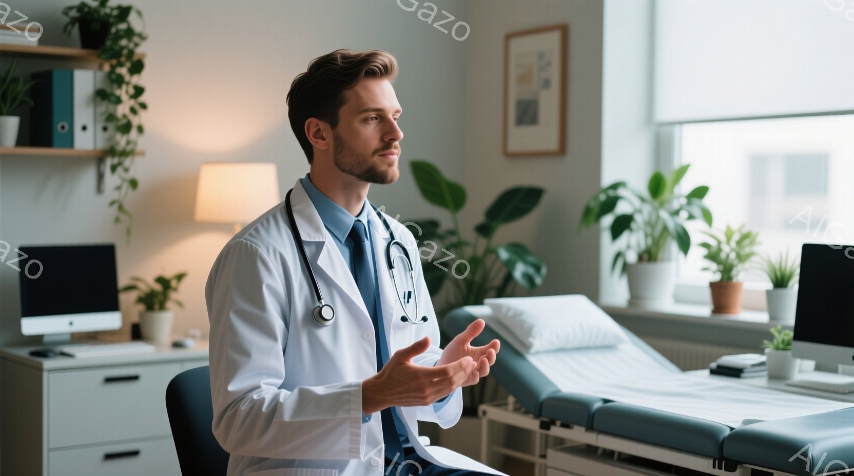 白衣を着た男性医師が、診察室で椅子に座り、何かを説明している様子が描かれています。彼は短髪で整髪されており、真剣な表情で両手を広げています。背景には、医療機器や植物が置かれた明るい診察室があり、窓から - AI生成フリー素材