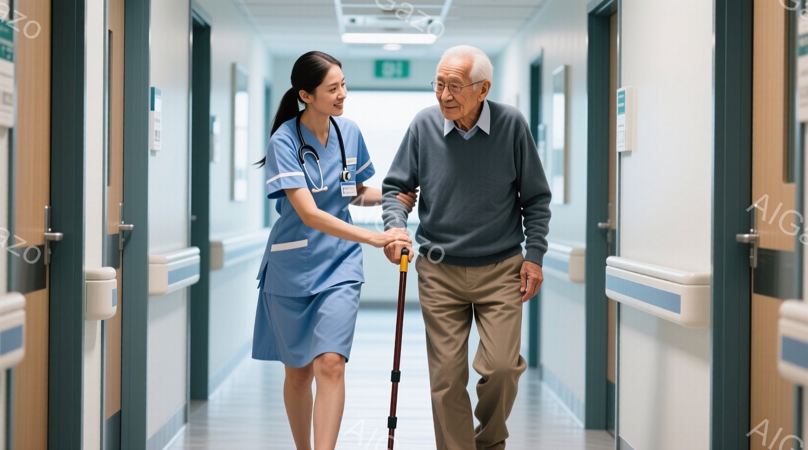 看護師は水色の制服を着ており、髪は後ろでまとめています。彼女は優しい表情で、杖をついた高齢男性の腕を支えながら病院の廊下を歩いています。廊下は白と青を基調とした清潔感のあるデザインで、医療施設であることがわかります。