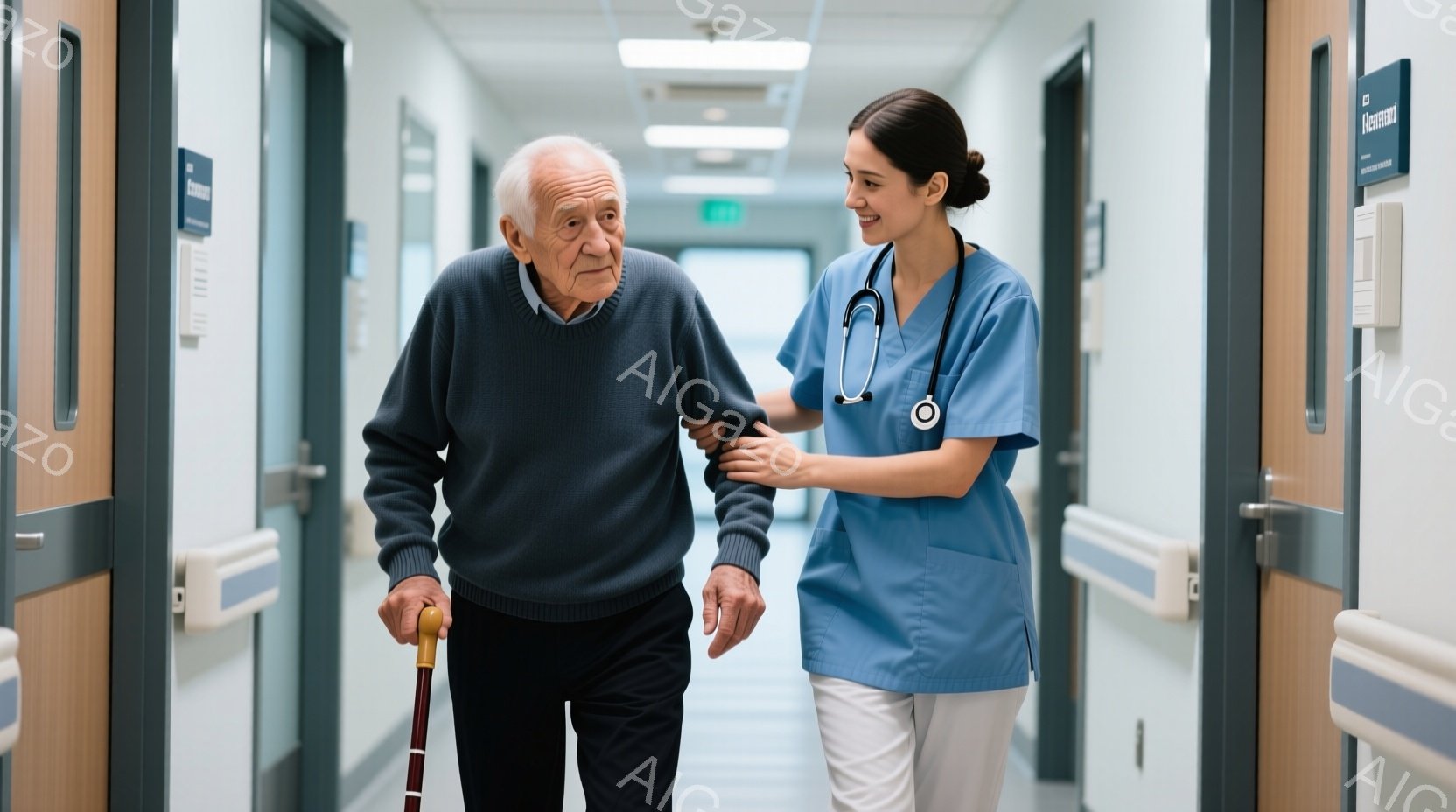 白髪でしわの多い高齢男性が杖をつきながら廊下を歩いている。彼は濃い青のセーターを着ており、やや疲れた表情をしている。若い女性医療従事者が彼の腕を支えながら、優しく微笑みながら彼に同行している。