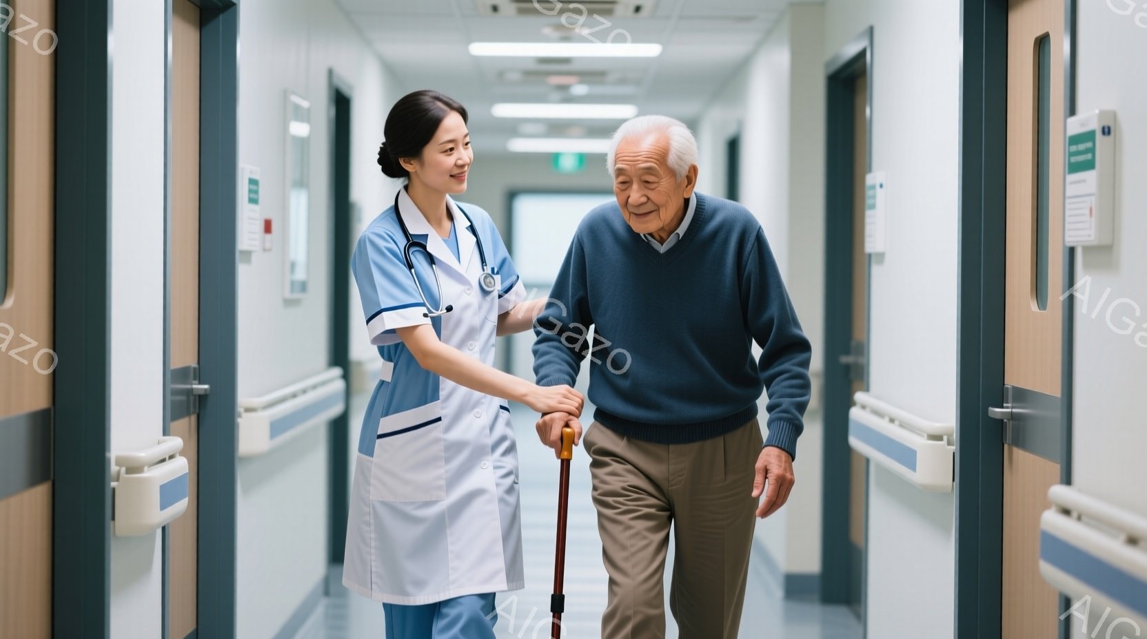 看護師は水色のスクラブと白い制服を着ており、笑顔で年老いた男性の腕を支えながら廊下を歩いています。男性は紺色のセーターとベージュ色のズボンを着用し、杖をつきながら少し前かがみの姿勢で歩いています。背景 - AI生成フリー素材
