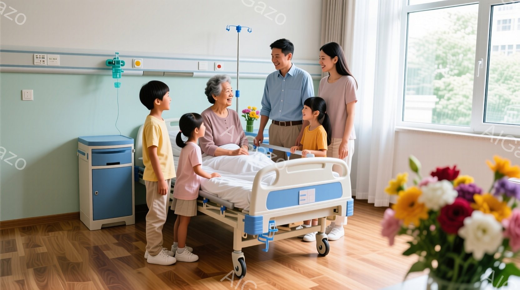 病院のベッドの周りには、笑顔の高齢女性と、彼女を見つめる若いカップルと二人の子供たちがいます。高齢女性はピンク色のカーディガンを着ており、子供たちはそれぞれ黄色とピンクのTシャツを着ています。背景には - AI生成フリー素材
