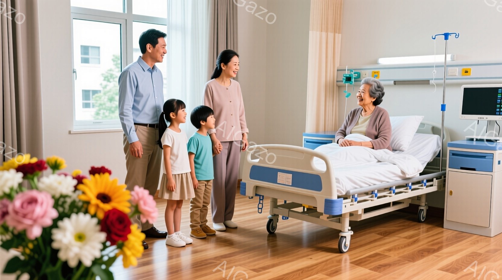 病院の病室で、若い夫婦と二人の子供が、ベッドにいるおばあちゃんを見舞っている様子が描かれている。夫婦はそれぞれシャツとワンピースを着ており、子供たちはカジュアルな服装で、全員が笑顔で温かい雰囲気である。病室は明るく清潔で、窓の外には建物が見え、穏やかな天候を示唆している。