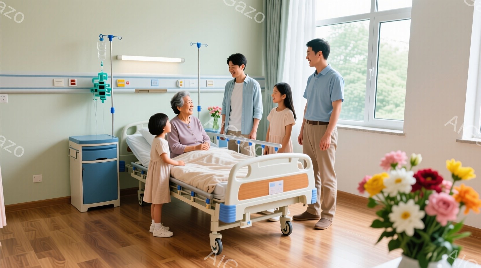 病室で、おばあちゃんがベッドに座っており、小さな女の子と若い男性が彼女のそばに立っています。おばあちゃんは笑顔で、女の子と男性は彼女を見ながら嬉しそうにしています。明るい日差しが差し込む病室には、花束 - AI生成フリー素材