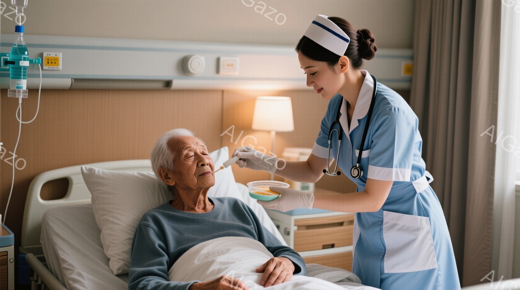 高齢の男性が入院ベッドに横たわり、ナースがスプーンで何かを口に運んでいます。ナースは白の制服と帽子を着用し、優しく微笑みながら患者に寄り添っています。背景には、病院のベッドサイドテーブルと柔らかな光を放つランプがあり、全体的に穏やかで思いやりのある雰囲気が漂っています。