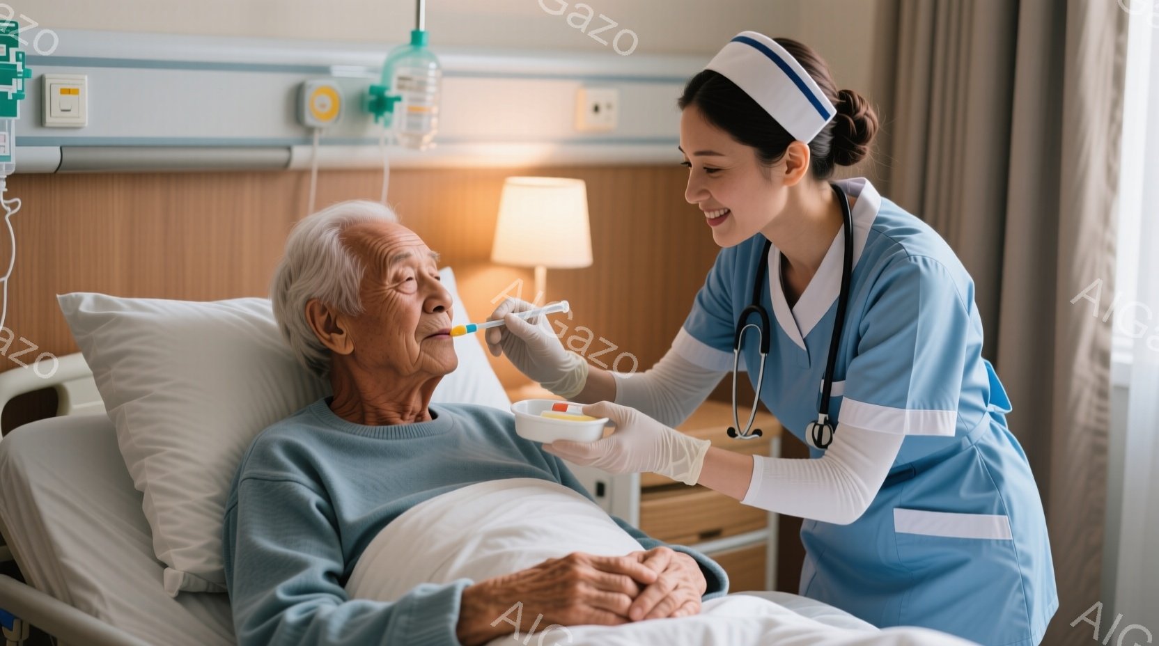 高齢の男性が病院のベッドに横たわっており、看護師がスポイトで薬を投与している。看護師は白のスクラブ、白の帽子、白の手袋を着用し、優しい笑顔を浮かべている。ベッドの背景には、木製のナイトスタンドと点滴ス - AI生成フリー素材