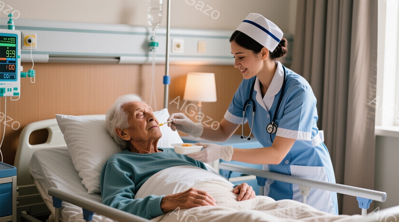 高齢の男性が入院ベッドに横たわり、看護師がスプーンで何かを口元に運び入れています。看護師は白の制服と帽子を着用し、優しく微笑んでいます。背景には病院のベッドや医療機器が見え、全体的に温かく安心感のある - AI生成フリー素材