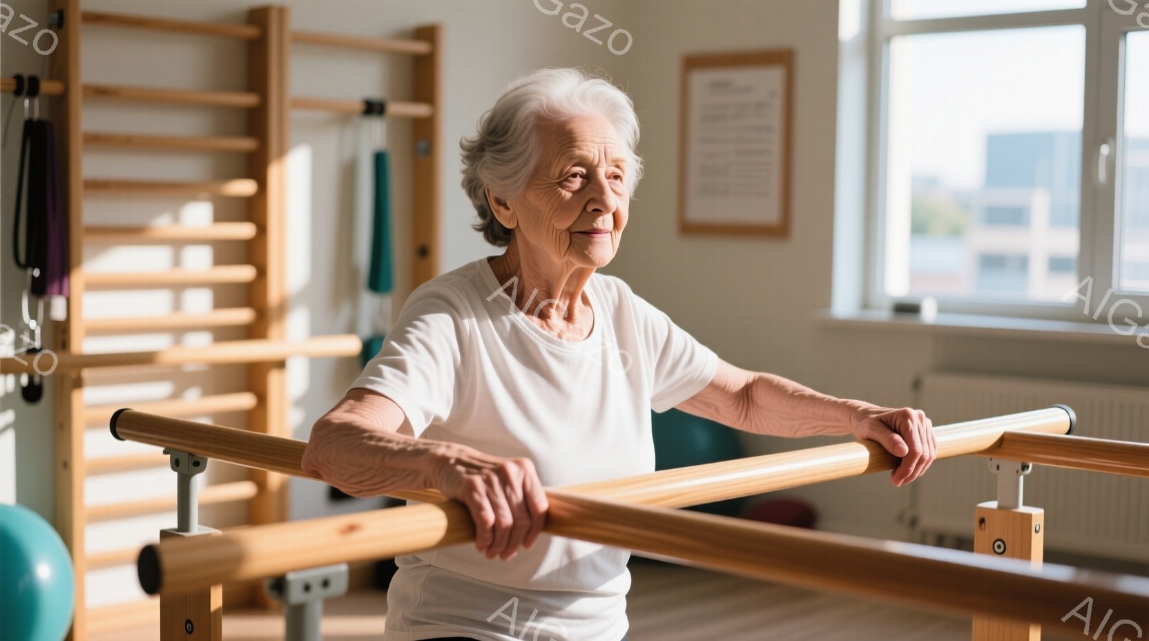 白髪で穏やかな表情の高齢女性が、リハビリテーションジムでバレエバーに手を添えて立っている。白いTシャツを着ており、姿勢はやや前傾しているが、力強く安定しているように見える。背景には、ジムの器具や窓から差し込む自然光が見え、全体的に健康的で活気のある雰囲気である。