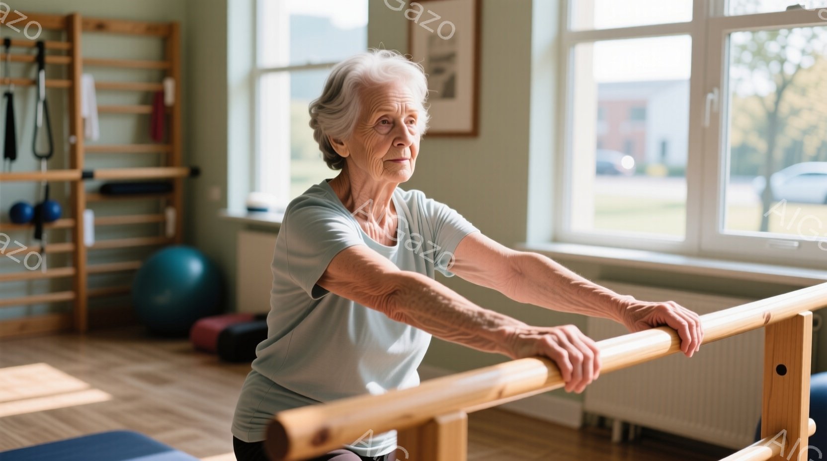 白髪の女性が、明るい室内でバレエのバーを握り、少し前かがみの姿勢で立っている。彼女は水色のTシャツと黒いズボンを着用しており、穏やかで少し物憂げな表情をしている。背景には運動器具や窓から見える緑の芝生と建物があり、穏やかで健康的な雰囲気を醸し出している。