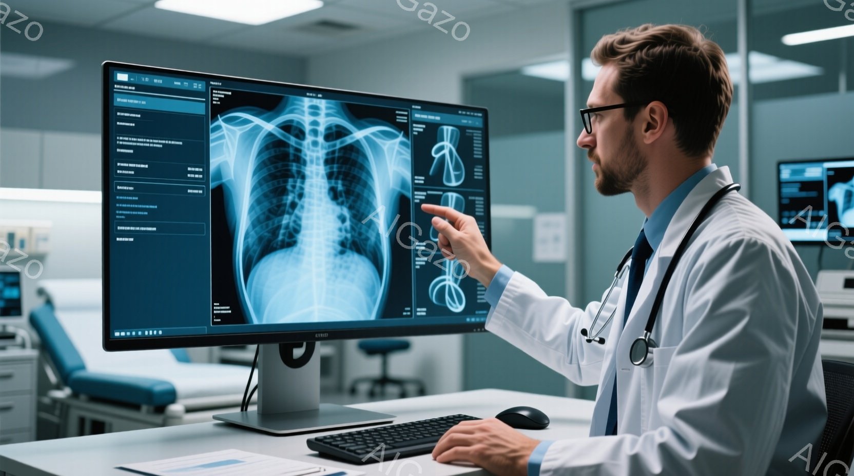 白衣を着た男性医師が、X線写真を表示したモニターを指し示している。彼は短髪で整髪されており、真剣な表情で画面を見つめている。背景には医療機器やベッドが見え、清潔でプロフェッショナルな病院の雰囲気が漂っている。