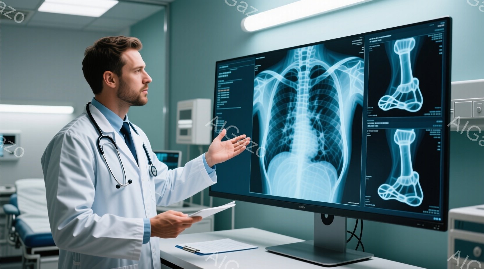 白衣を着た男性医師が、X線写真が表示されたモニターの前で説明しています。彼は片手を広げ、もう一方の手にはクリップボードを持っており、真剣な表情で何かを解説しているようです。背景には医療機器が見え、清潔でプロフェッショナルな病院の雰囲気が漂っています。