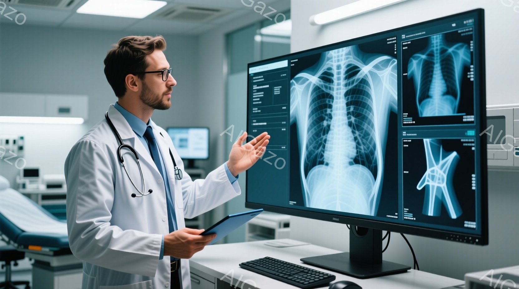 白衣を着た男性医師が、医療用モニターの前に立って何かを説明している様子が写っています。彼は黒い髪を整髪し、真剣な表情で右手を広げ、左手にはタブレット端末を持っています。背景には医療機器やベッドが見え、 - AI生成フリー素材