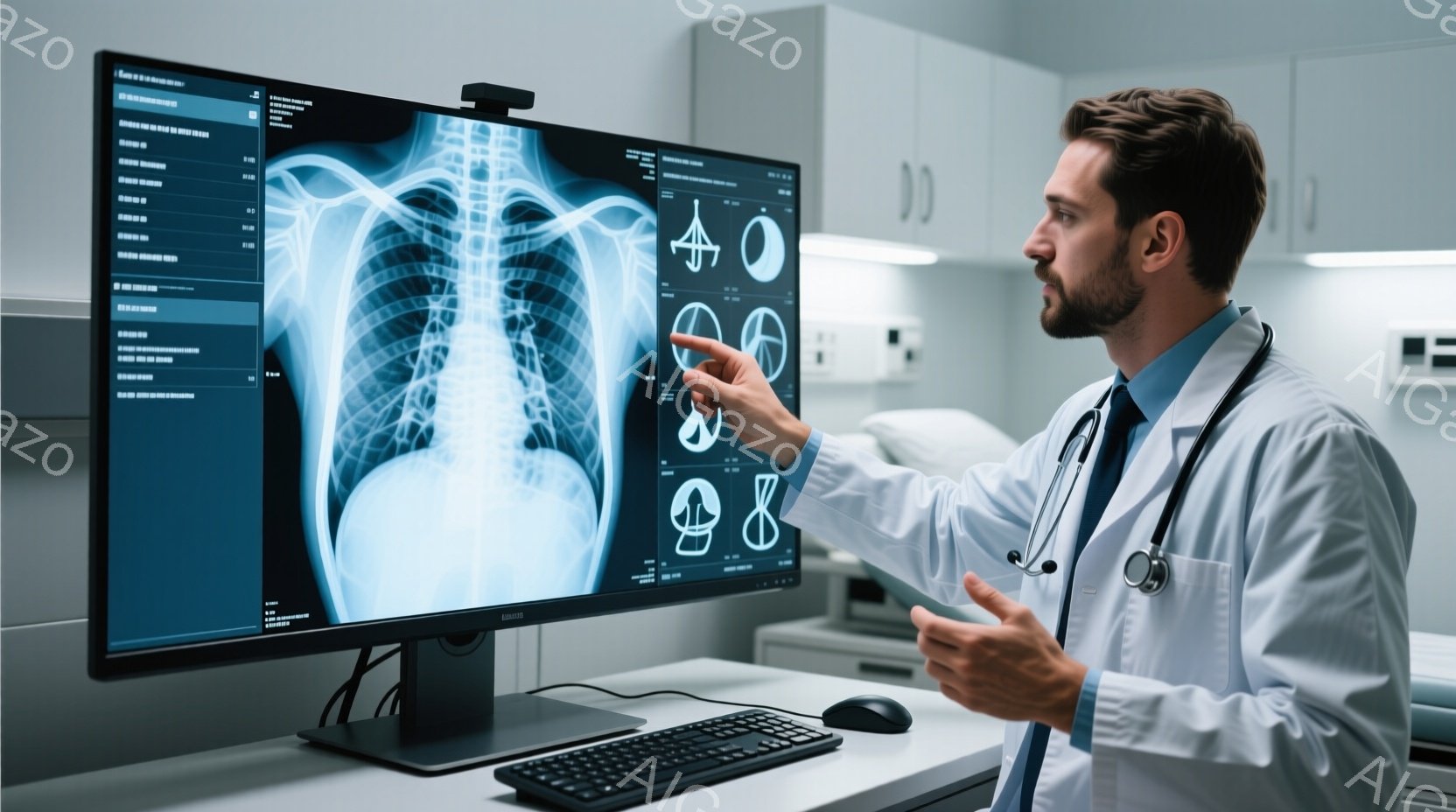 白衣を着た男性医師が、レントゲン写真が表示されたモニターを指し示している。彼は短髪で、真剣な表情をしており、首には聴診器をかけている。背景には病院のベッドや医療機器が見え、清潔でプロフェッショナルな雰囲気が漂っている。