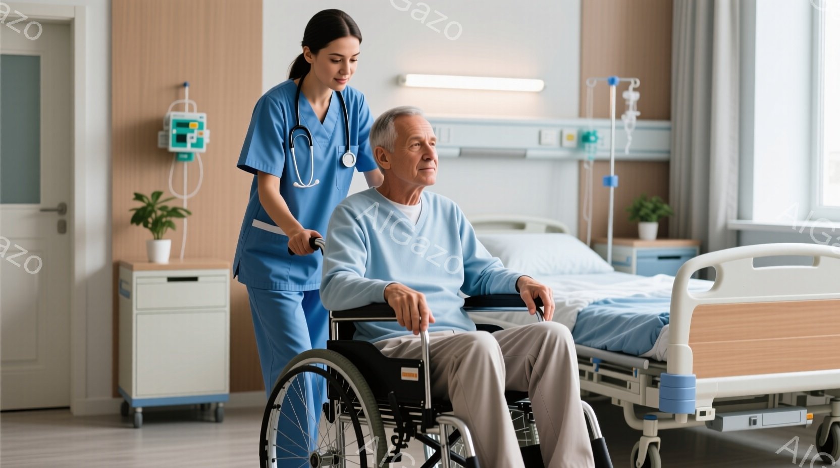 病院の一室で、青いスクラブ姿の若い女性看護師が車椅子を押している。高齢の男性患者は、穏やかな表情で、青いセーターを着て車椅子に座っている。背景には病院のベッドと医療機器があり、全体的に清潔で安心感のあ - AI生成フリー素材