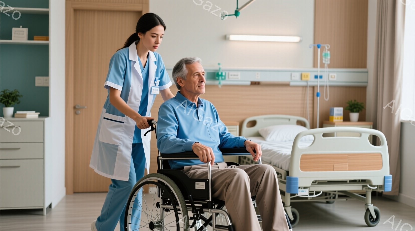 看護師は白衣とターコイズブルーのズボンを着用し、車椅子を押しています。高齢の男性は薄い青色のポロシャツとベージュ色のズボンを着用し、少し疲れた表情をしています。背景には病院のベッドとキャビネットがあり - AI生成フリー素材