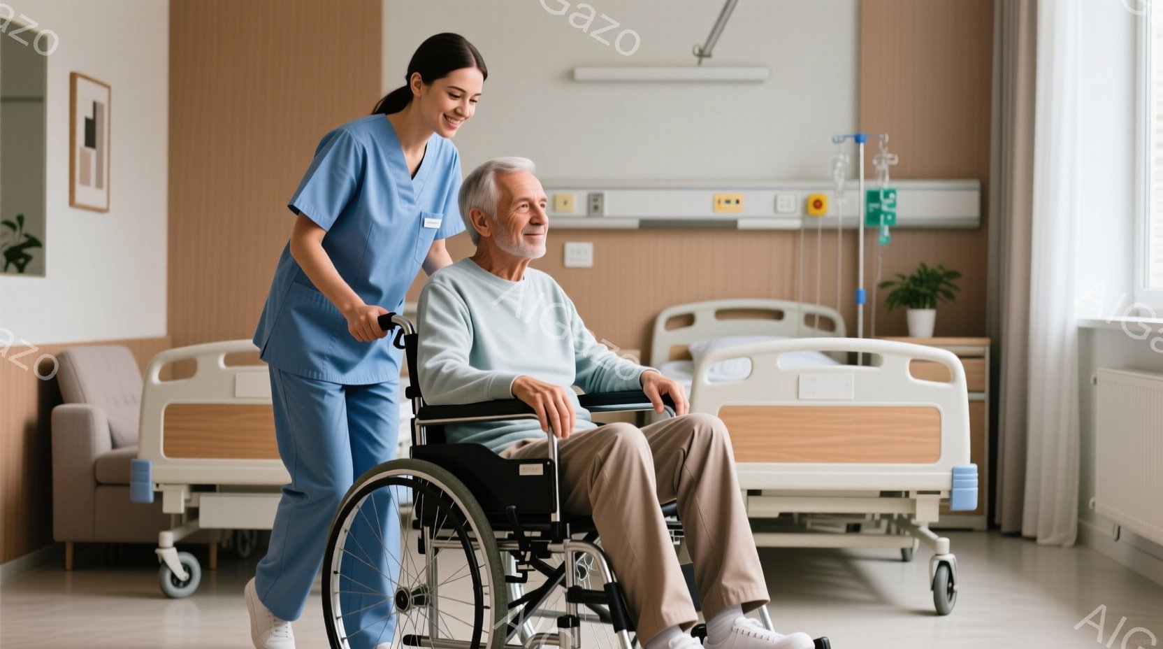 白衣を着た若い女性の医療従事者が、車椅子に乗った高齢男性を病院の廊下で押している。高齢男性はベージュ色のズボンと薄い青色のセーターを着ており、穏やかな表情をしている。背景には病院のベッド、観葉植物、そ - AI生成フリー素材