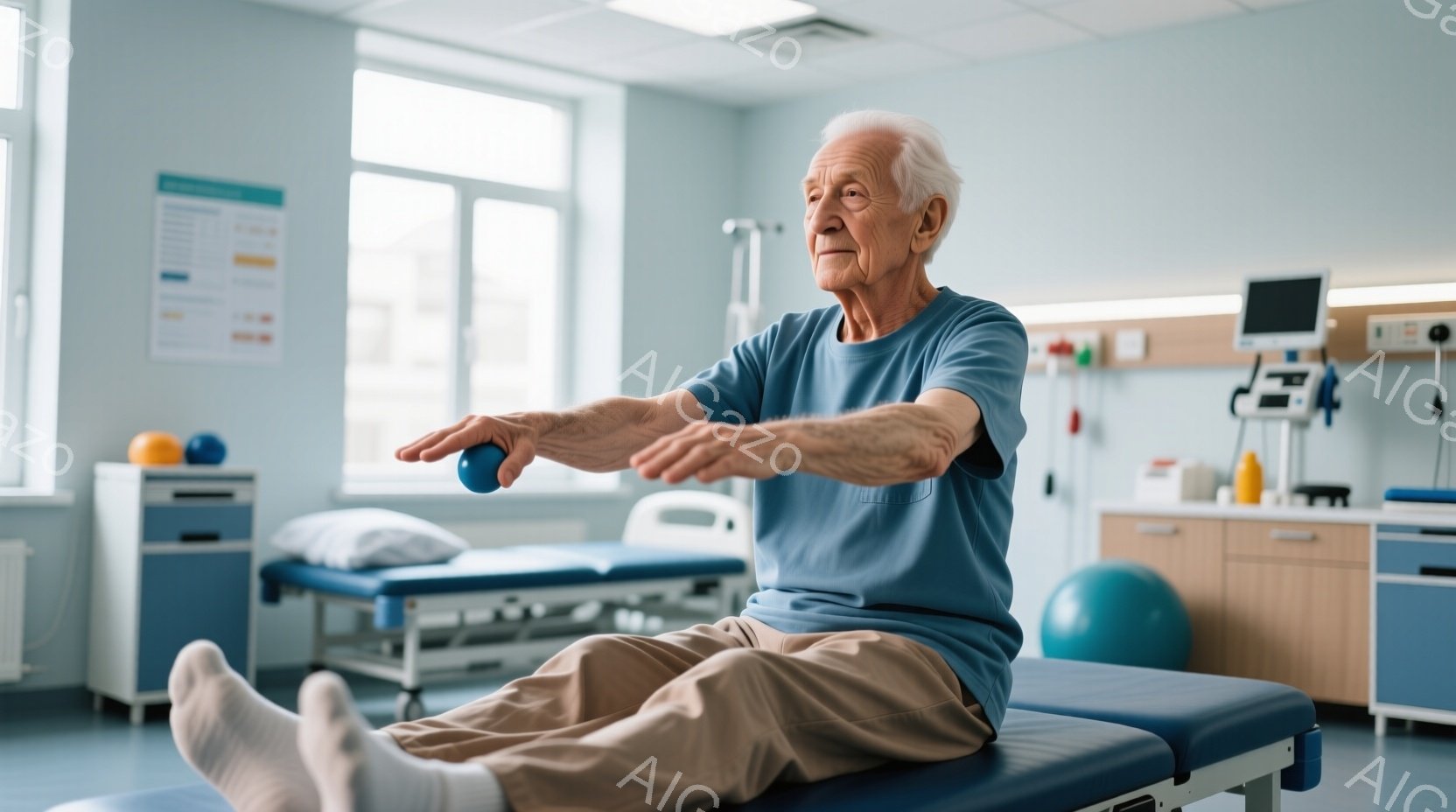 高齢の男性がリハビリテーションのベッドに座り、片手に青いボールを持って腕を横に伸ばしています。彼はベージュ色のズボンと水色のTシャツを着ており、表情は真剣でリハビリに集中している様子です。背景には他の - AI生成フリー素材