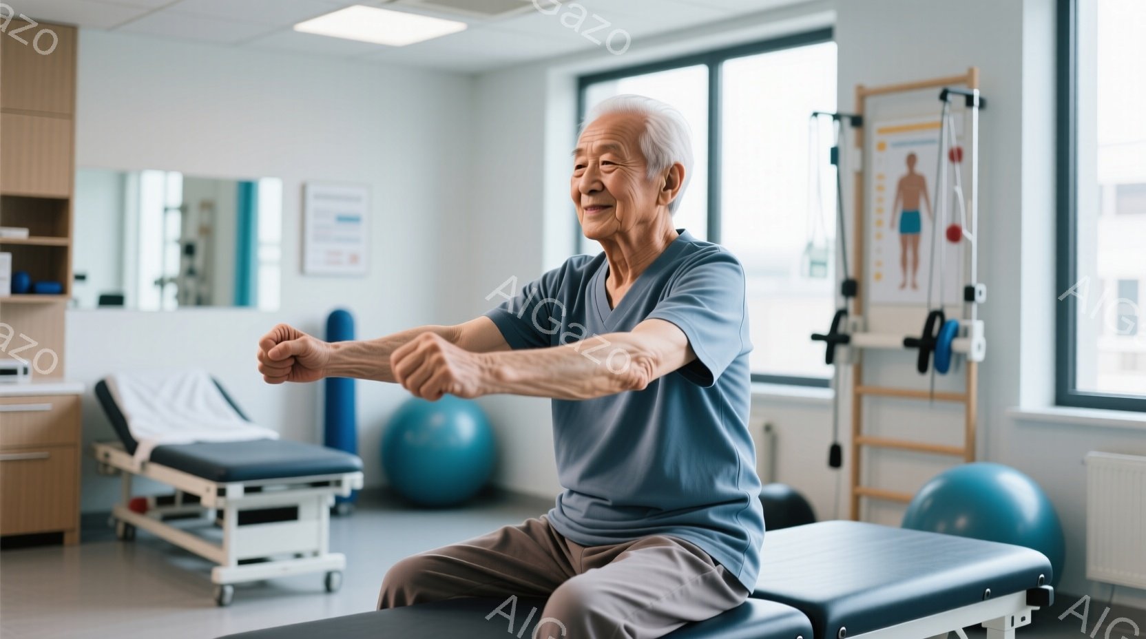白髪で少し皺のある高齢男性が、リハビリテーションの部屋で座って腕を伸ばしています。彼は水色のシャツと灰色のズボンを着用しており、穏やかで少し微笑んだ表情をしています。背景には、リハビリ器具やエクササイ - AI生成フリー素材