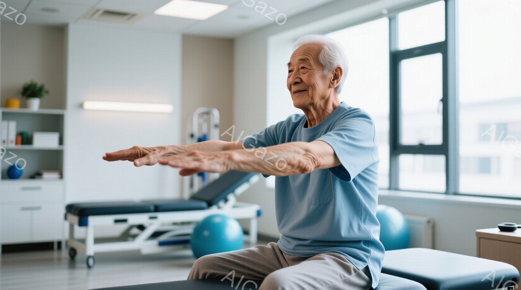 白髪の高齢男性が、リハビリテーション室で青いTシャツとベージュ色のズボンを着用し、椅子に座って両腕を横に広げてストレッチをしている。背景には、リハビリ機器やエクササイズボールが置かれた、明るく清潔な空 - AI生成フリー素材