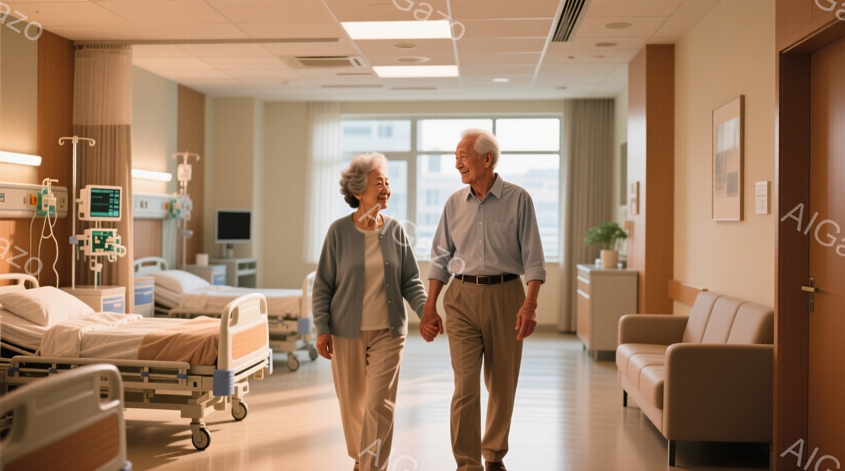白髪の老夫婦が、病院の廊下を互いに手をつないで歩いている。女性は明るいブルーのセーターを着ており、男性は水色のシャツにベージュのズボンを合わせている。病院のベッドや医療機器が背景に見え、温かく希望に満 - AI生成フリー素材