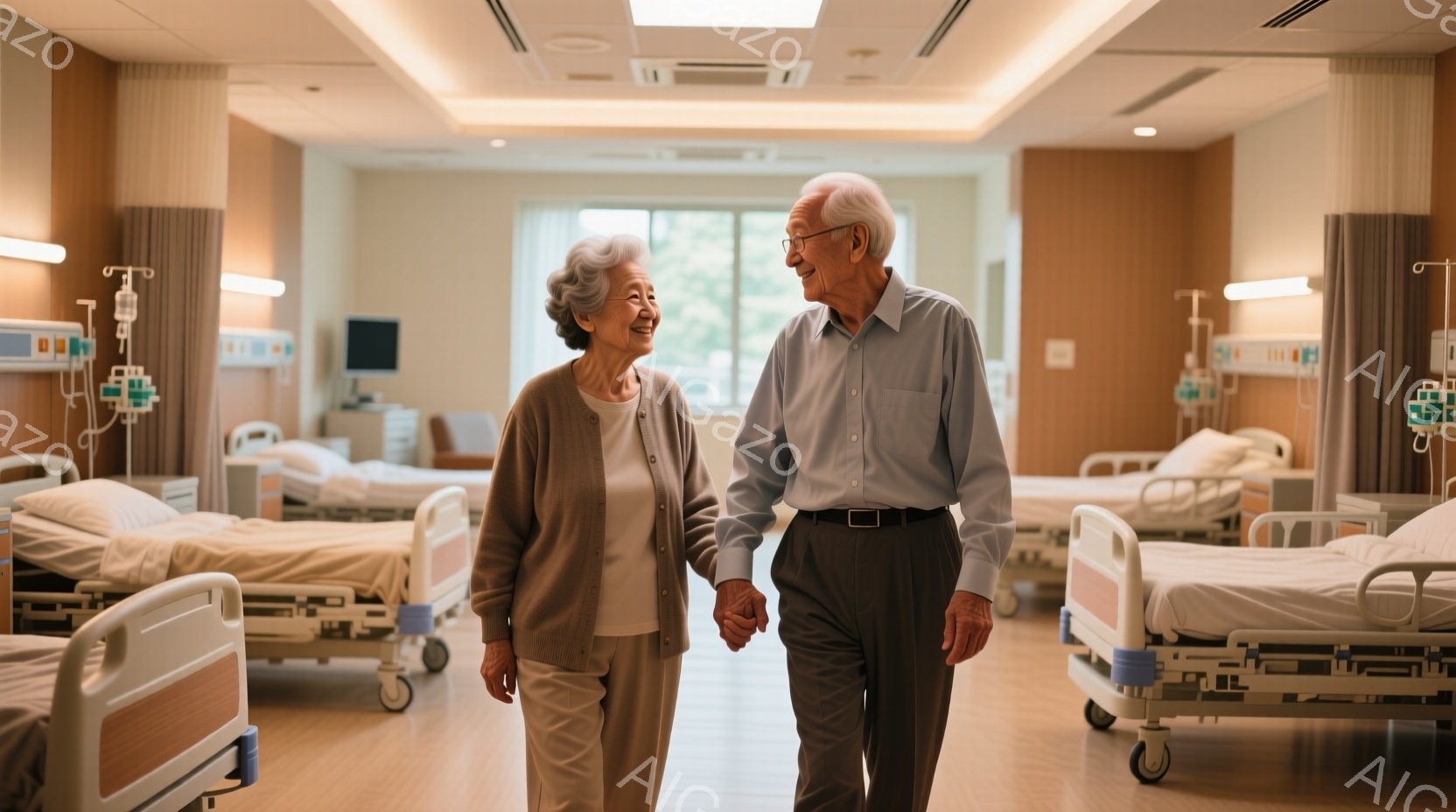 白髪の老夫婦が手をつないで病院の病室を歩いています。女性はベージュのカーディガンと濃い色のパンツを着用し、男性は水色のシャツと黒いズボンを着用しており、互いに顔を見合わせ、楽しそうに微笑んでいます。病 - AI生成フリー素材