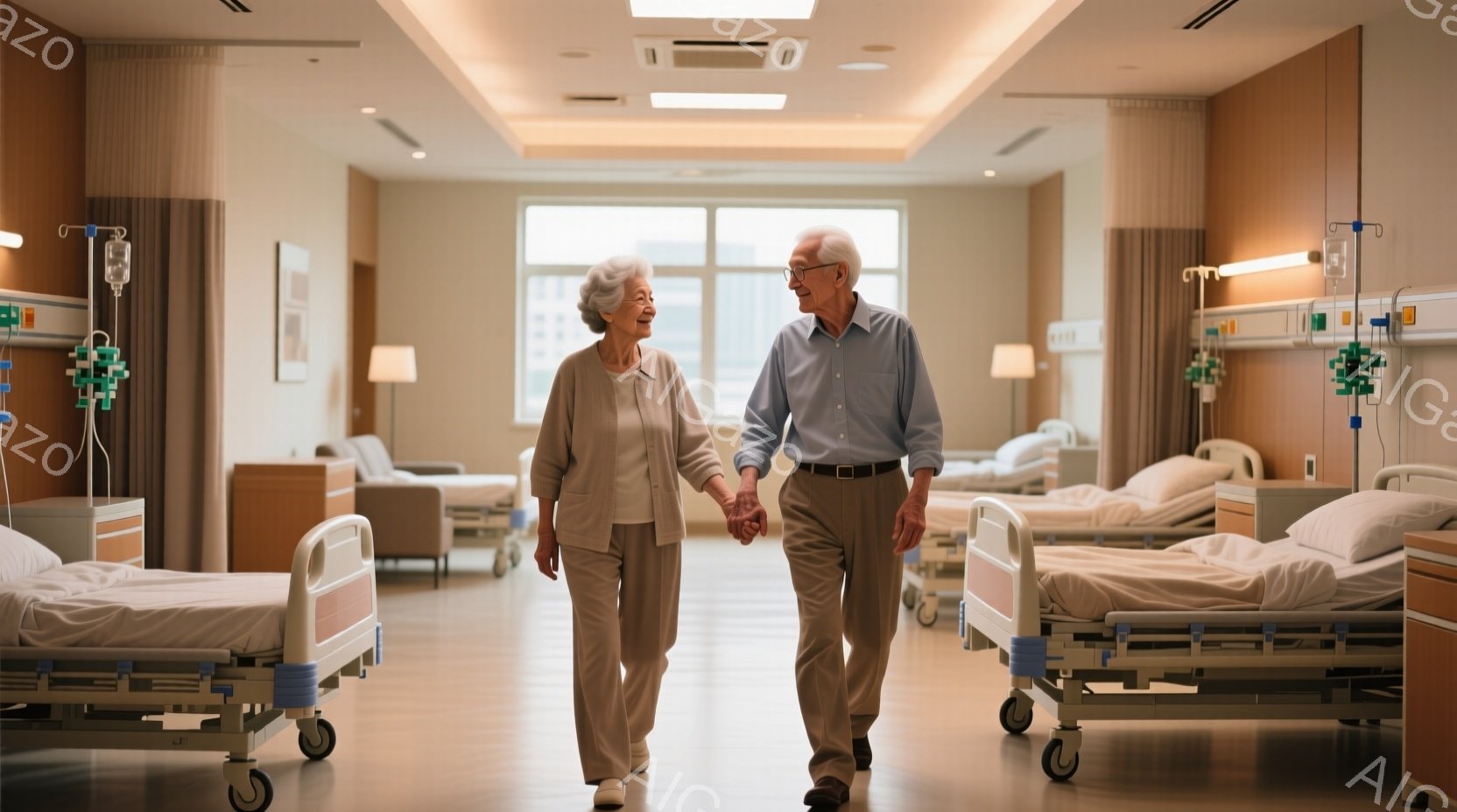白髪の老夫婦が、病院の病室を並んで歩いている。女性は薄い灰色のカーディガンとベージュ色のパンツを着用し、男性は水色のシャツと茶色のパンツに黒いベルトを合わせている。二人は微笑み、手をつないでおり、穏やかで希望に満ちた雰囲気が漂っている。