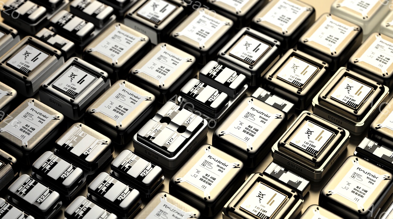 金色の電子部品が隙間なく並んだクローズアップ写真です。各部品には複雑な回路パターンと小さなデジタル表示があり、全体として高度な技術と精密さを感じさせます。背景は黒く、部品の金色が際立っており、未来的な雰囲気を醸し出しています。