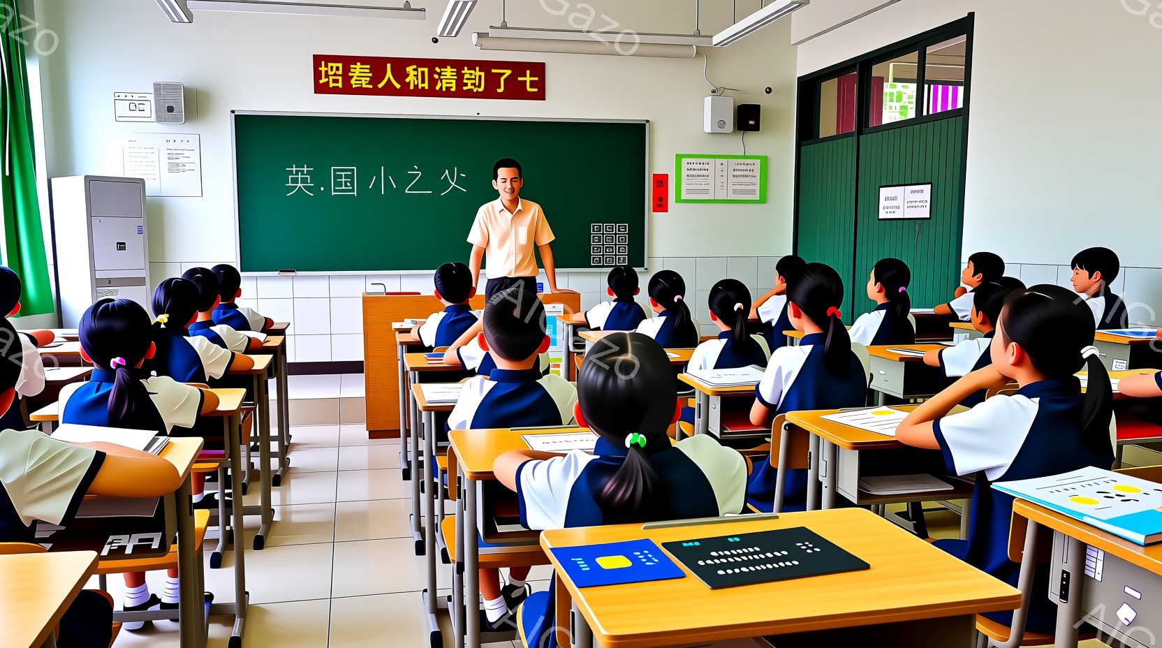 教室の中には、制服を着た生徒たちが整然と並んだ机に座っており、先生は黒板の前で何かを説明している様子です。生徒たちは皆、前を向いて先生の話を聞いており、真剣な表情をしているのが分かります。教室は明るく - AI生成フリー素材