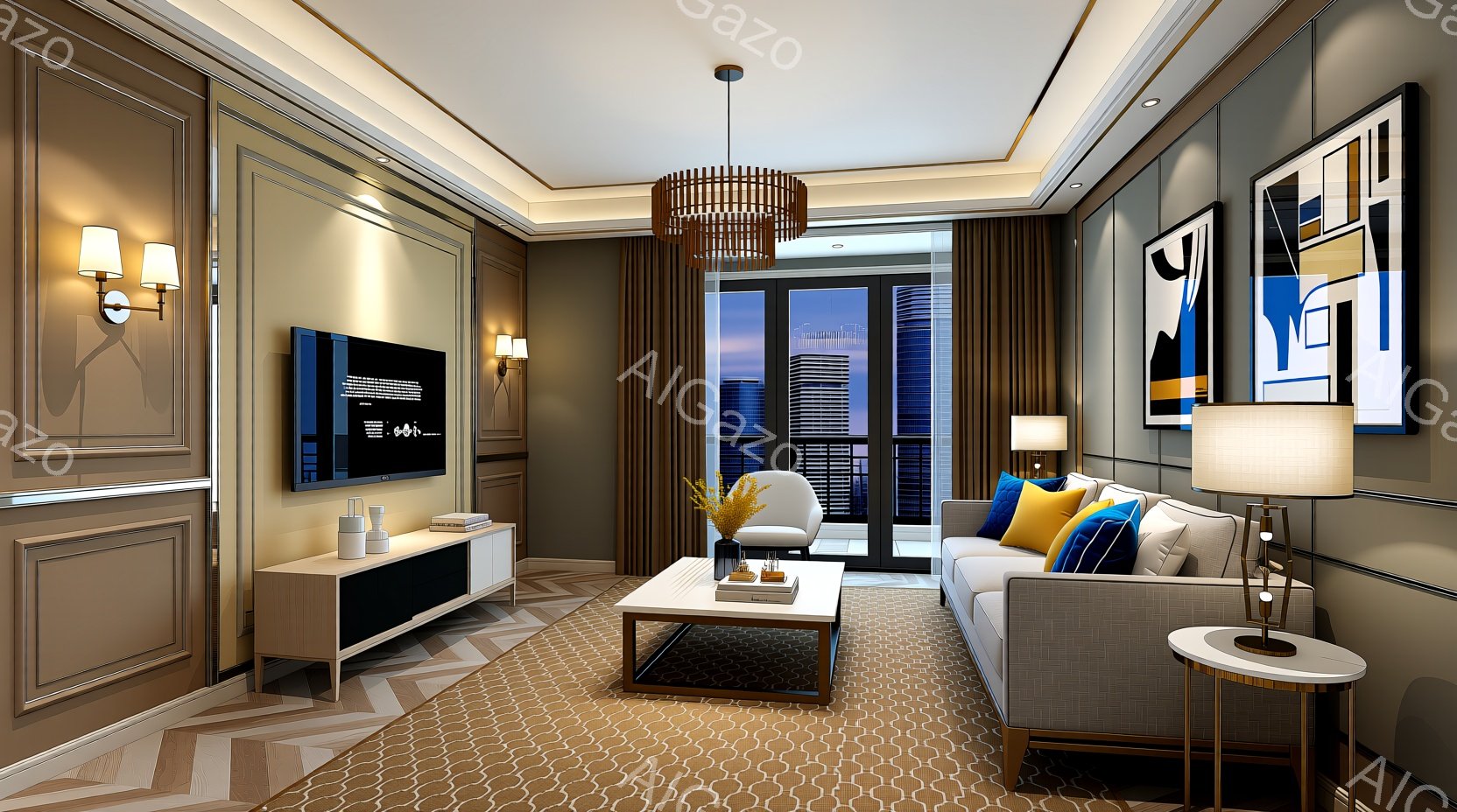 豪華なリビングルームは、モダンで洗練されたデザインが特徴で、床には幾何学模様のカーペットが敷かれています。大きな窓からは高層ビル群が見え、夜景が楽しめます。暖色系の照明と家具が、リラックスした落ち着い - AI生成フリー素材