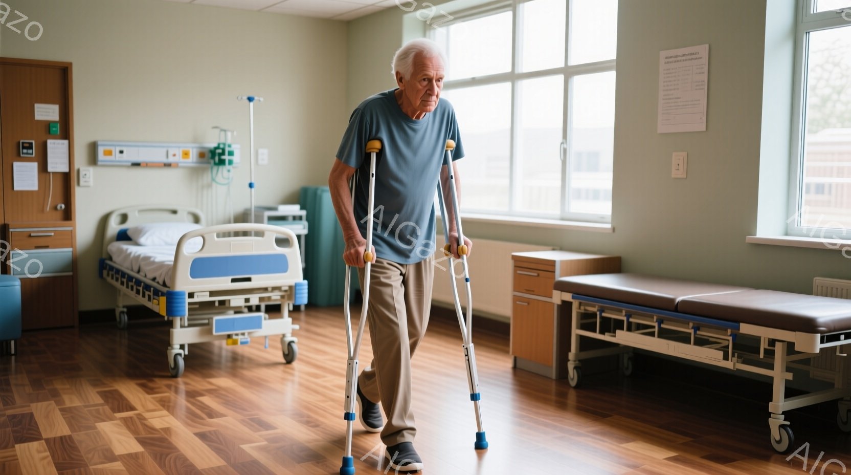 白髪でしわが刻まれた老人が、病院の廊下で杖をつきながら歩いている。彼は薄い青色のTシャツとベージュのズボンを身に着けており、少し前かがみの姿勢で、ゆっくりと一歩ずつ進んでいる。背景には、ベッドと医療機 - AI生成フリー素材