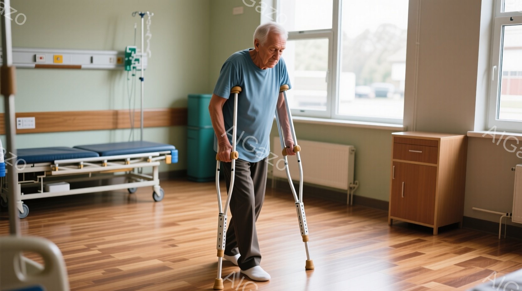 白髪でしわが刻まれた高齢男性が、歩行補助のためにクラッチを使用しながら部屋の中を歩いています。彼はネイビーブルーのTシャツと黒いズボンを着用しており、表情はやや真剣で、リハビリテーションに取り組んでいる様子が伺えます。背景は病院の一室で、医療機器や木製の収納棚が見え、全体的に落ち着いた、やや静かな雰囲気が漂っています。