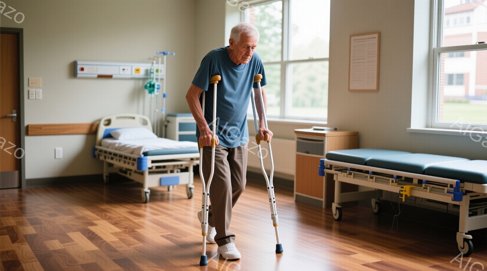 白髪で皺の多い高齢男性が、病院の一室で杖を使って歩いている。彼は青いTシャツとグレーのズボンを着用し、顔には疲労と決意が混じった表情が見られる。背景には医療用のベッドと窓があり、明るい日差しが差し込んでいるが、全体的に静かで少し寂しげな雰囲気である。