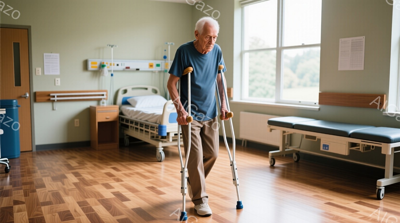 老人は、病院の廊下で松葉杖を使ってゆっくりと歩いています。彼は青いTシャツと濃いズボンを着用し、白髪の髪は短く刈られています。背景にはベッド、医療機器、そして窓から見える緑豊かな景色が見え、全体的に落 - AI生成フリー素材