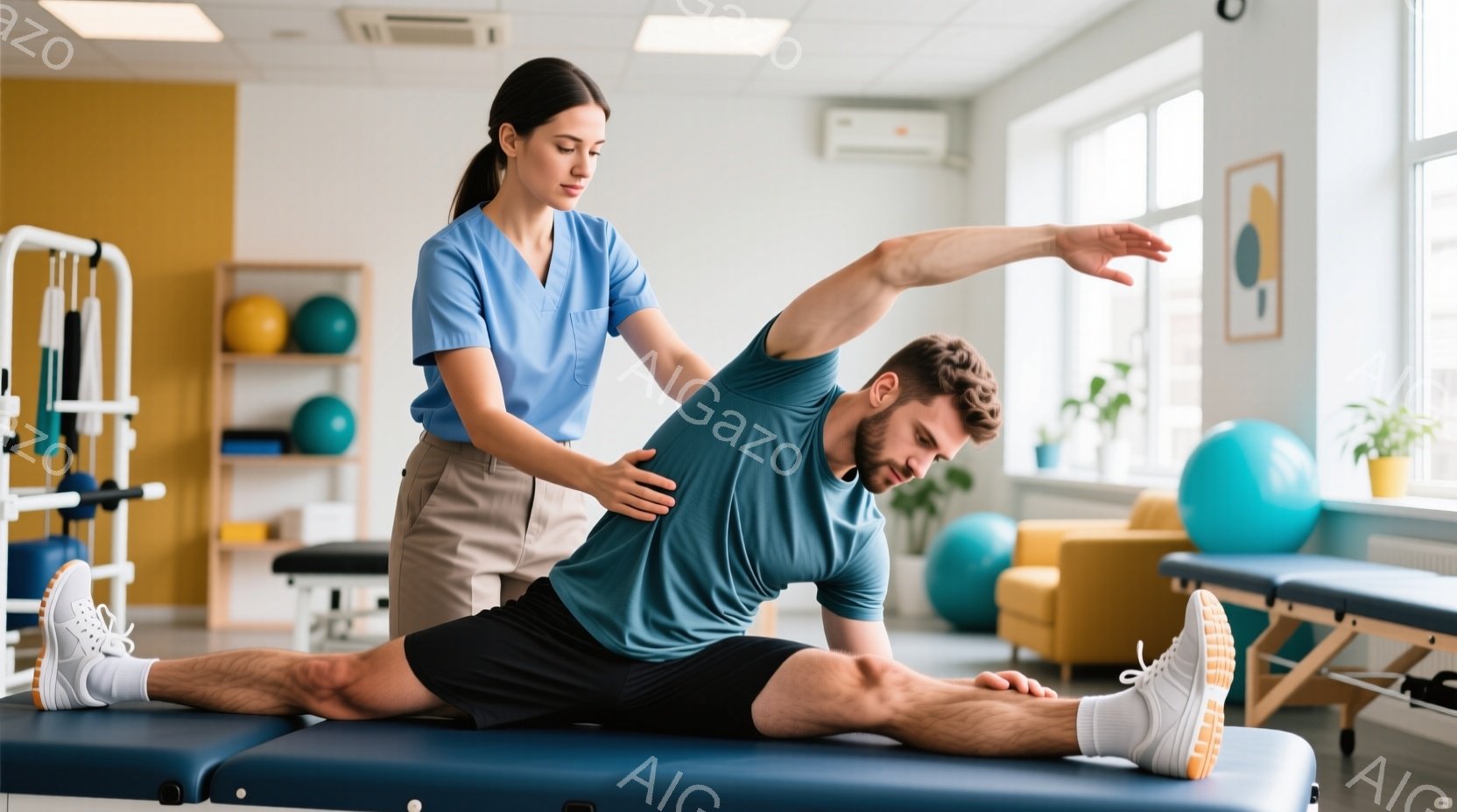 リハビリテーションの現場の写真で、タンクトップとショートパンツを着た男性が、リハビリテーションベッドの上で足を伸ばすストレッチを行っています。女性セラピストはブルーのスクラブとベージュのパンツを着用し、男性の腰に手を当ててサポートしています。背景には、エクササイズボールや別のベッドが置かれ、明るく清潔な雰囲気のリハビリテーションジムであることがわかります。