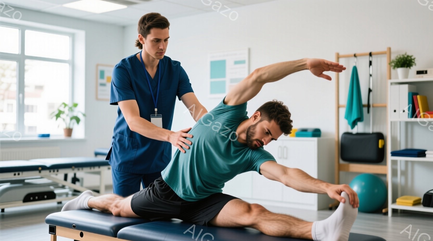 理学療法士と思われる男性が、ストレッチをしている患者の背中に手を当てています。患者はターコイズブルーのTシャツと黒いショーツ姿で、青い診察台に横たわり、片手を上げて体を伸ばしています。背景には、他の診察台、運動ボール、そして植物が置かれた明るい理学療法室が見えます。