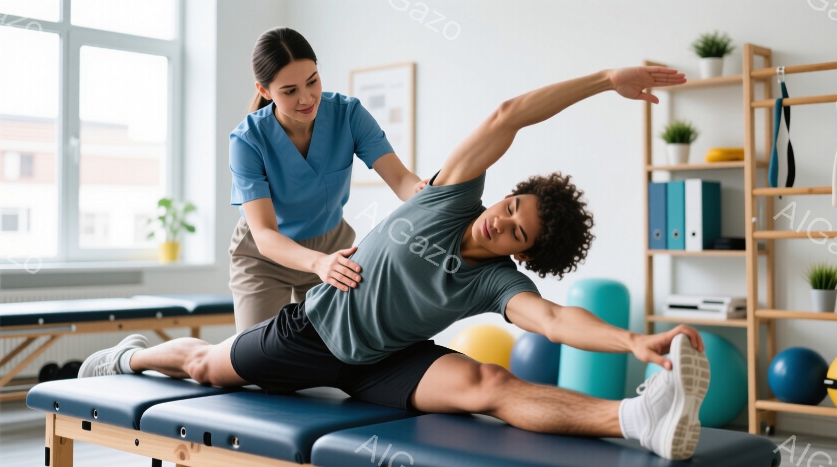 医療従事者の女性が、青い治療台に仰向けになった男性のストレッチを手伝っています。彼女はターコイズブルーのスクラブを着ており、黒髪を後ろでまとめています。男性はグレーのTシャツと黒いショーツを着用し、足を伸ばして横に倒れ、リラックスした表情をしています。