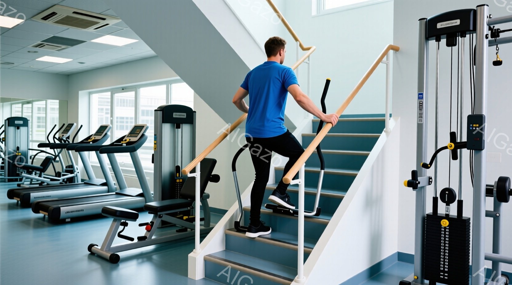 筋トレジムで、青いシャツと黒いズボンを着用した男性が階段を上っている。彼は後ろを向いており、表情ははっきりとは見えないが、集中しているように見える。背景にはトレッドミルやウェイトトレーニングマシンが並 - AI生成フリー素材