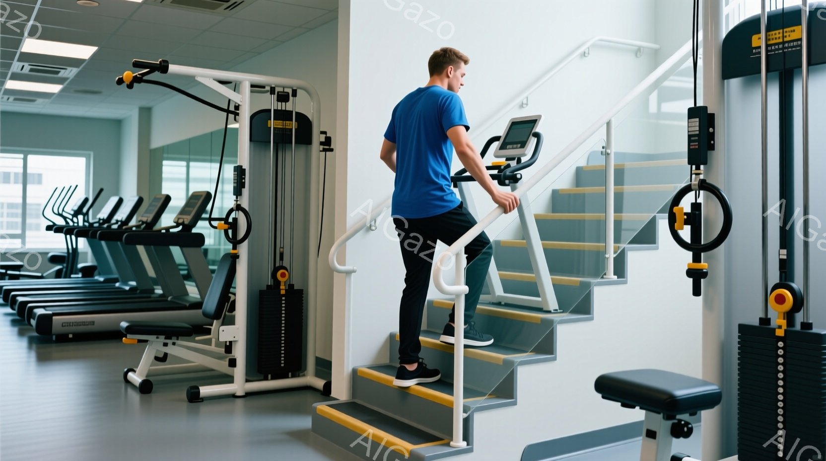 筋トレジムで、青いTシャツと黒いズボンを身につけた男性が階段昇降機を使って運動している。彼は少し前かがみになり、手すりにつかまりながら一段ずつ上っている。背景には他のトレーニングマシンが並び、室内は明るく清潔な印象で、健康的な雰囲気を感じさせる。