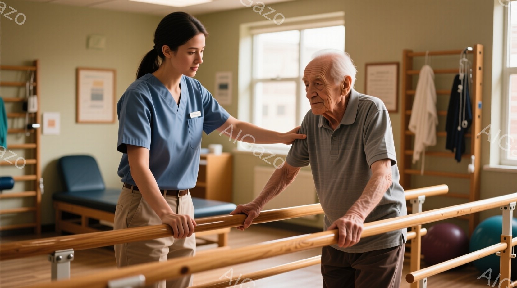 室内には、青いスクラブを着た若い女性医療従事者と、手すりに寄りかかりながら歩行練習をしている高齢の男性がいます。男性はポロシャツとズボンを着用し、少し疲れた表情をしていますが、女性は優しく男性の背中を支え、励ましているようです。背景には、リハビリテーション用の器具や青いエクササイズボールが見え、全体的に穏やかで安心感のある雰囲気です。