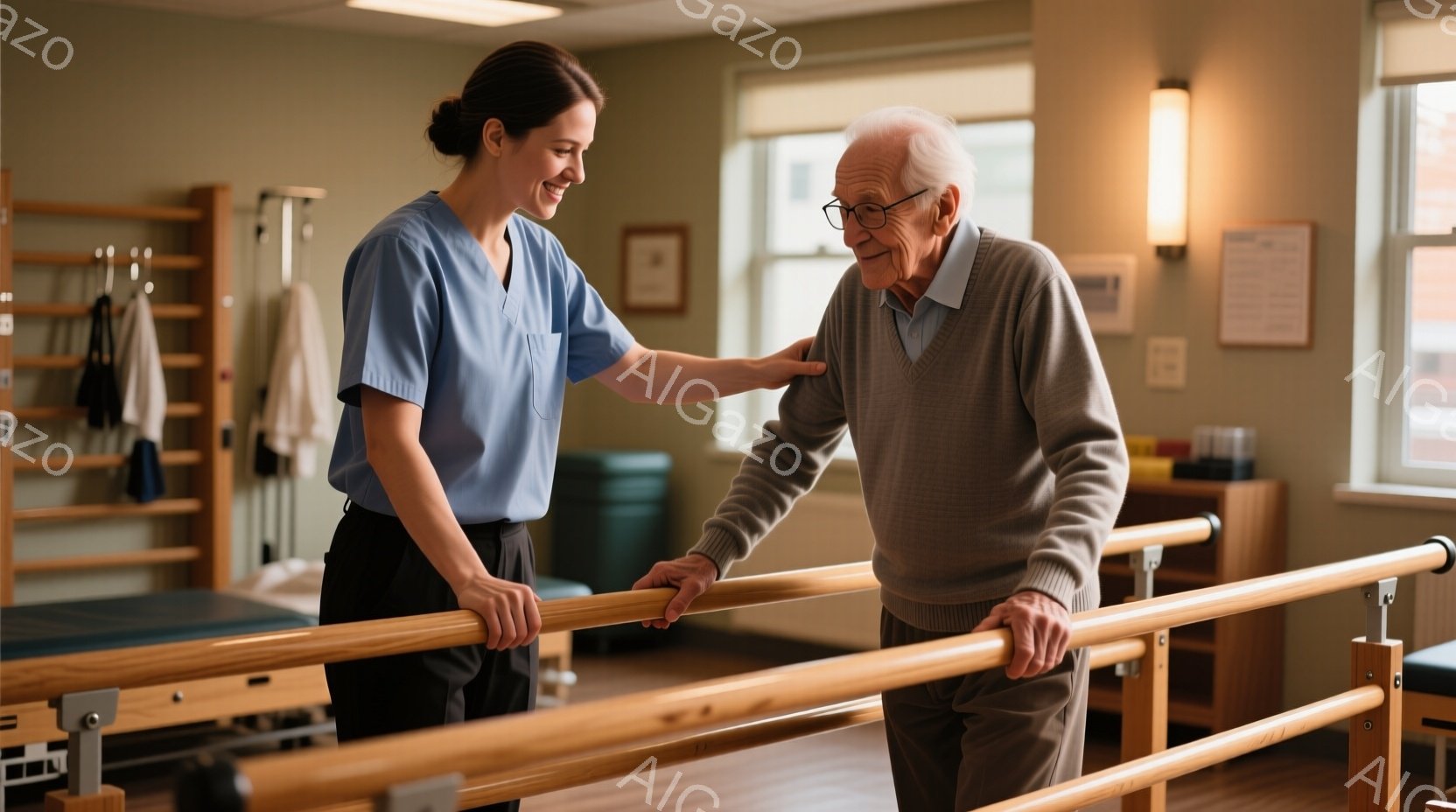 白髪の老人が平行棒を使い、リハビリテーションを行っています。彼はグレーのセーターとベージュのズボンを着用し、少し苦しそうな表情をしています。若い女性の医療従事者が彼に寄り添い、手を添えてサポートしており、背景にはリハビリテーション用の器具や明るい日差しが差し込む窓が見えます。