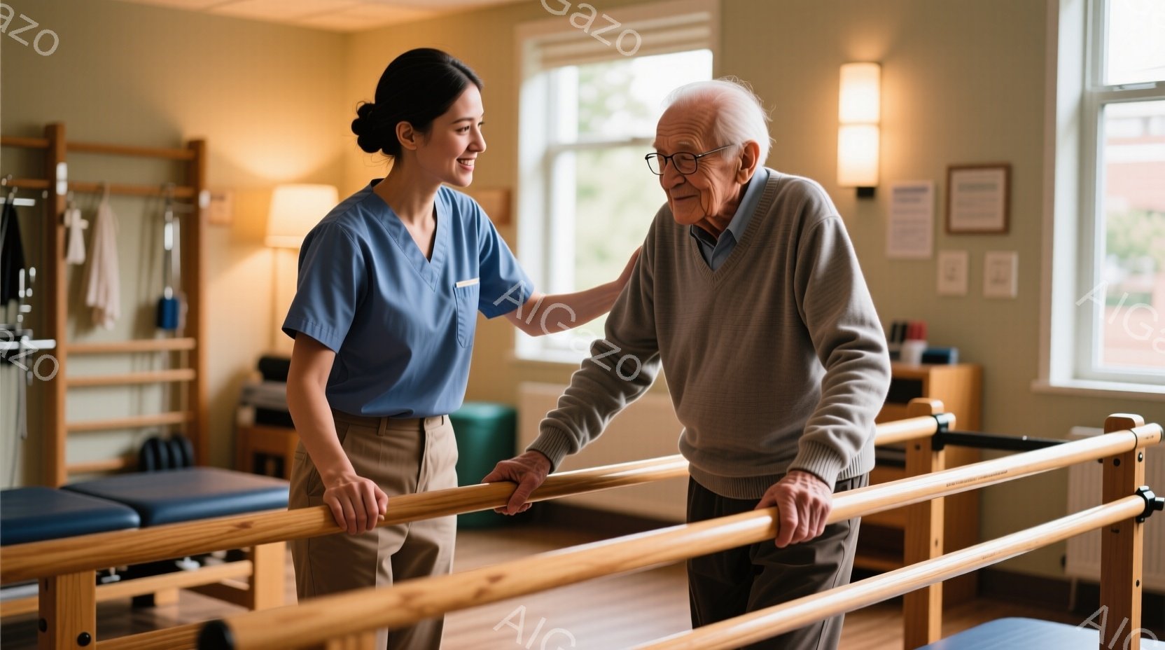 看護師と思われる女性は、ターコイズブルーのスクラブとベージュのパンツを着用し、笑顔で高齢男性をサポートしています。高齢男性はグレーのセーターを着ており、リハビリ用の平行棒につかまりながら、少し苦しそうな表情を浮かべながらも前進しようとしています。背景にはリハビリテーション用の器具や、明るい光が差し込む窓が見え、全体的に温かく、励ましに満ちた雰囲気です。