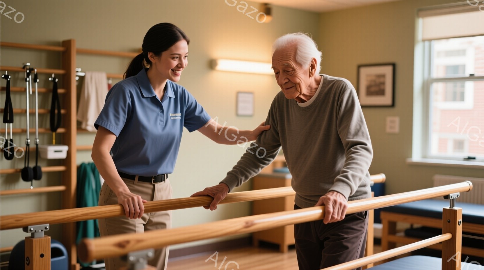 白髪の高齢男性が理学療法士らしき女性のサポートを受けながら、平行棒を使って歩行訓練を行っています。女性は明るい笑顔で男性の肩に手を添え、男性はやや緊張した表情で前方に視線を向けています。背景にはリハビ - AI生成フリー素材