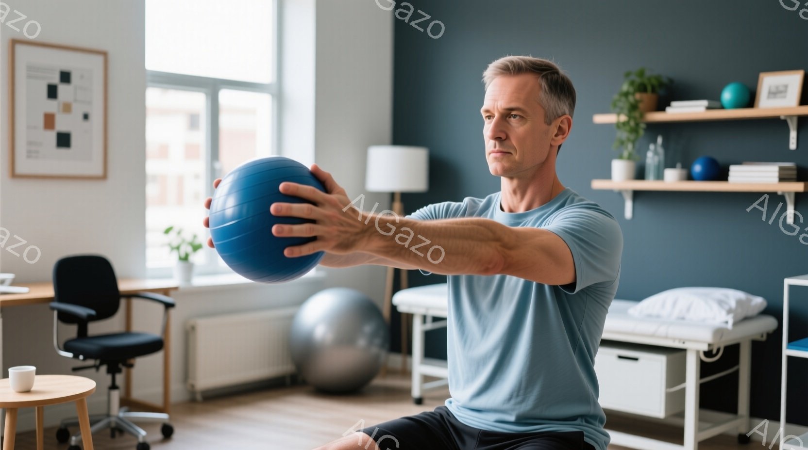 灰色の髪の男性が、青いエクササイズボールを両手で前に掲げてスクワットの姿勢を取っています。彼は青いTシャツと黒いショーツを着ており、真剣な表情をしています。背景には、医療機器や棚が置かれた明るい部屋が広がっており、リハビリテーションやトレーニングの環境を示唆しています。
