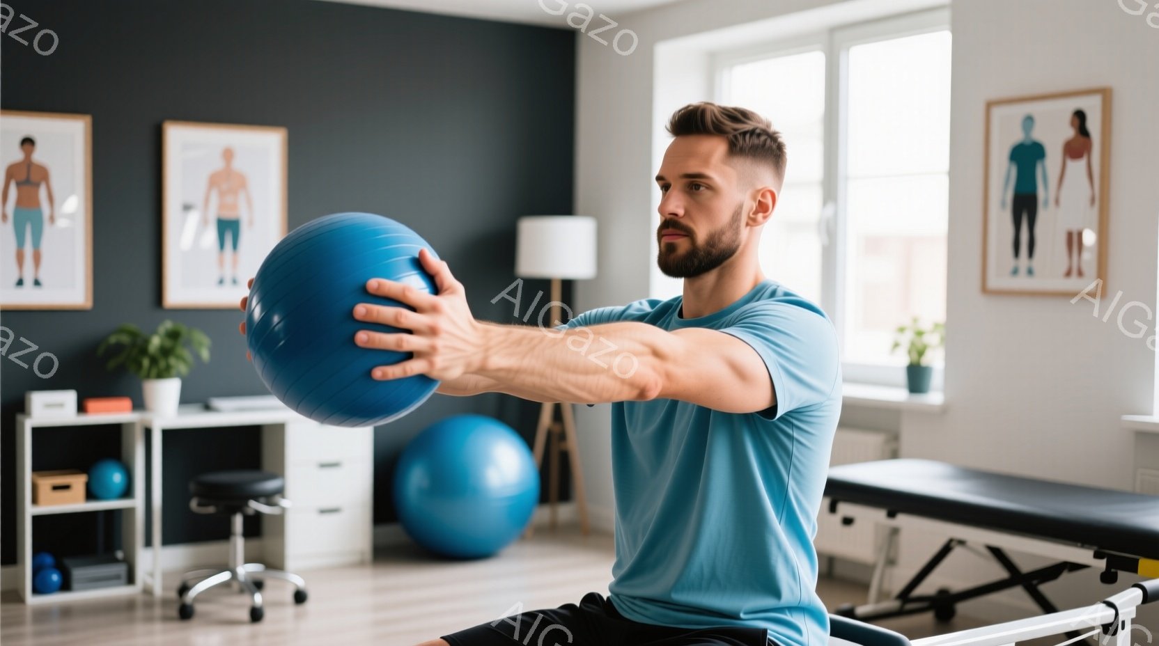 筋骨隆々の男性が、リハビリテーションの部屋で青いエクササイズボールを持って座っています。彼は短髪で髭を生やし、青いTシャツと黒いショーツを着ており、真剣な表情でボールを前に突き出しています。背景には、人体模型のポスター、オフィスチェア、診察台などが配置され、明るく清潔なリハビリテーション室の雰囲気が漂っています。