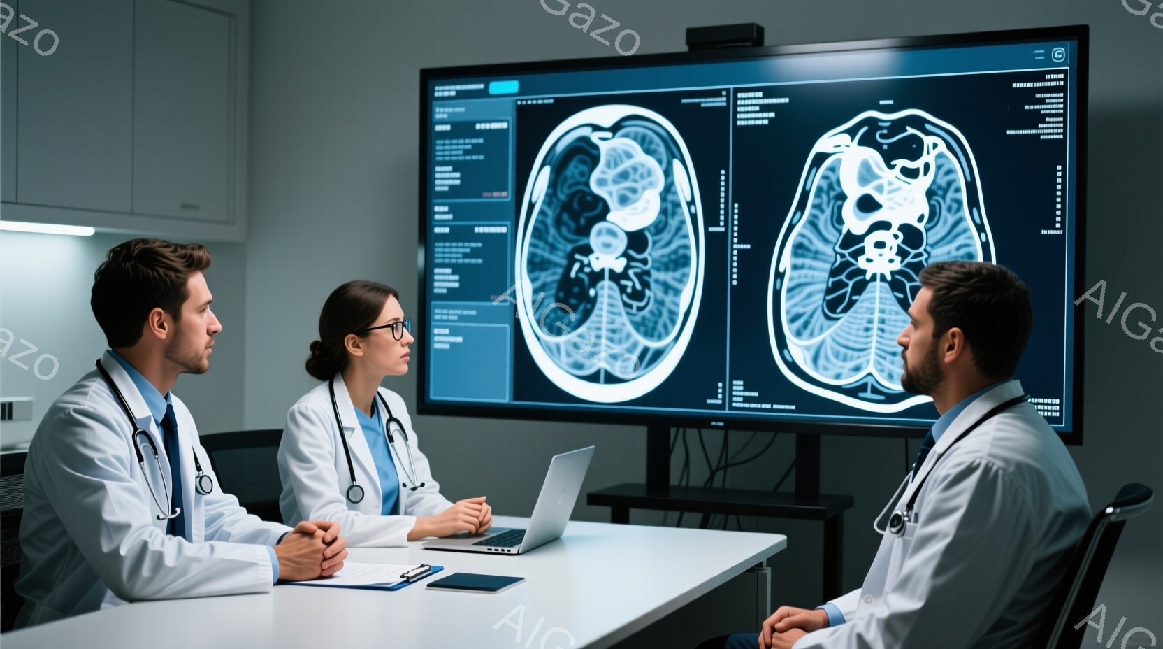 白衣を着た三人の医療従事者が、大きなモニタを見つめている。モニタには脳のMRI画像が表示されており、彼らは真剣な表情で何かを議論しているようだ。室内は落ち着いた雰囲気で、医療現場の会議室であると推測できる。
