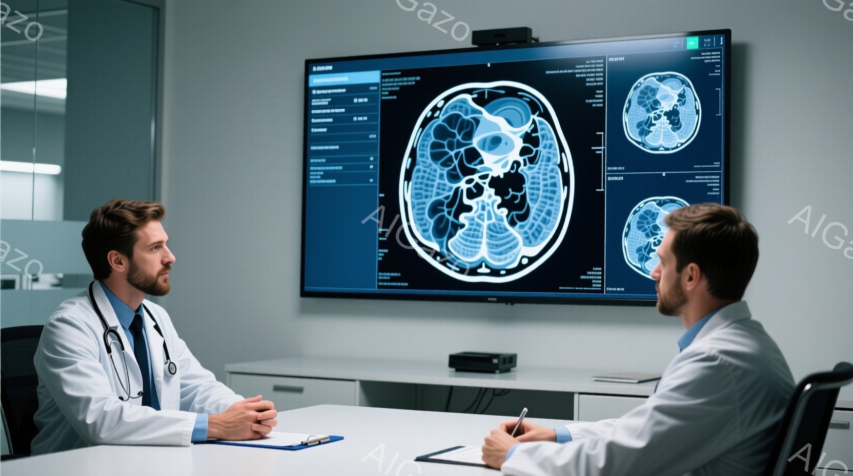 白衣を着た二人の医者が会議室で向かい合って座っており、片方の医者はペンを手に何かを書き込んでいる。背景には、脳のスキャン画像が大きく表示されたテレビがあり、医療に関する話し合いをしている様子が伺える。室内は明るく清潔で、真剣な雰囲気が漂っている。