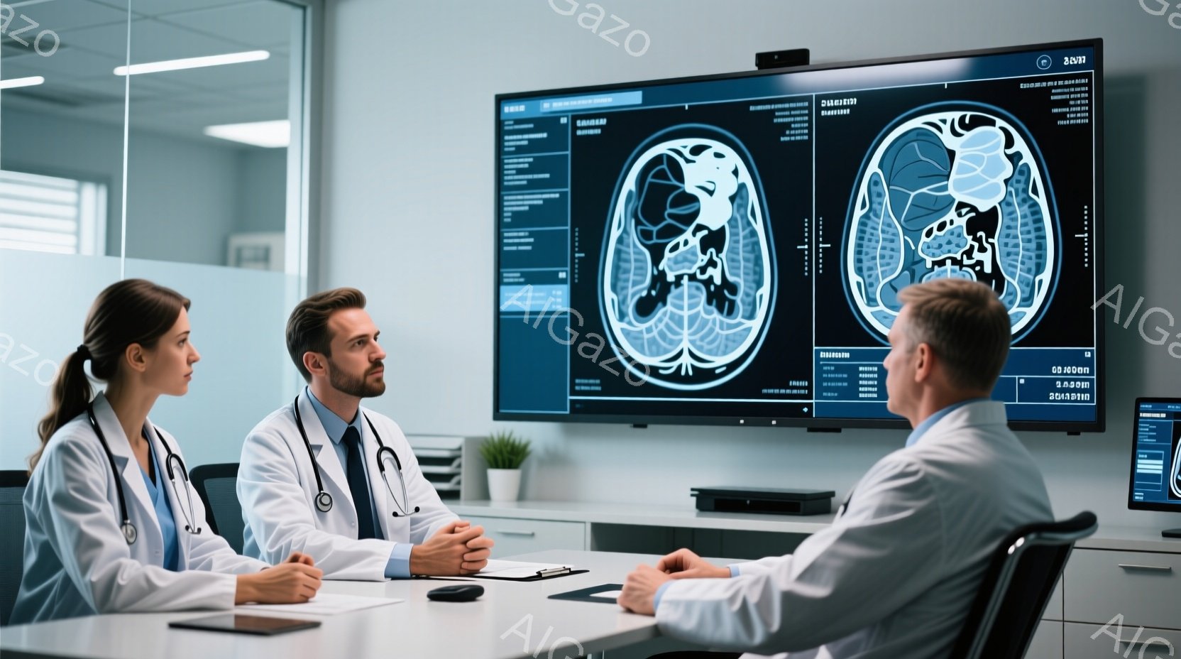 診察室で、白衣を着た男女の医師が患者と向かい合って座っている。医師は真剣な表情で患者に何かを説明しているようで、患者も同じように注意深く聞いている。背景には医療画像が表示された大きなモニターが複数あり、プロフェッショナルで落ち着いた雰囲気が漂っている。