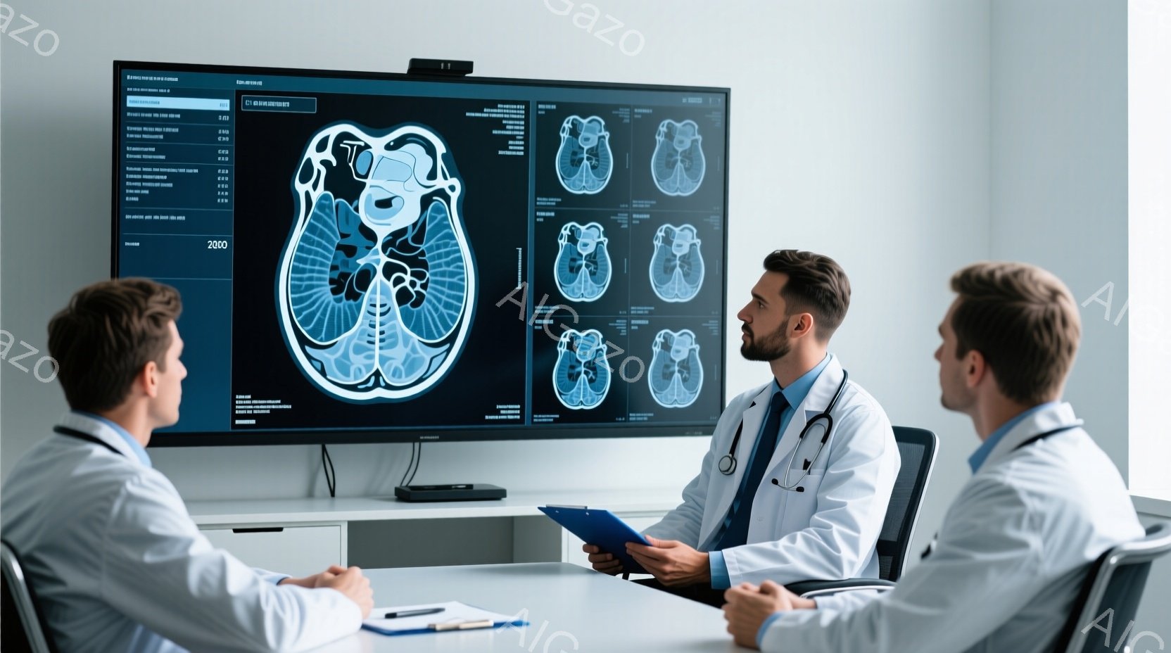 白衣を着た二人の男性医師が、CTスキャン画像が映し出された大きなモニターの前に座り、患者の医療状態について話し合っている様子が描かれています。片方の医師はクリップボードを持っており、真剣な表情でモニタ - AI生成フリー素材